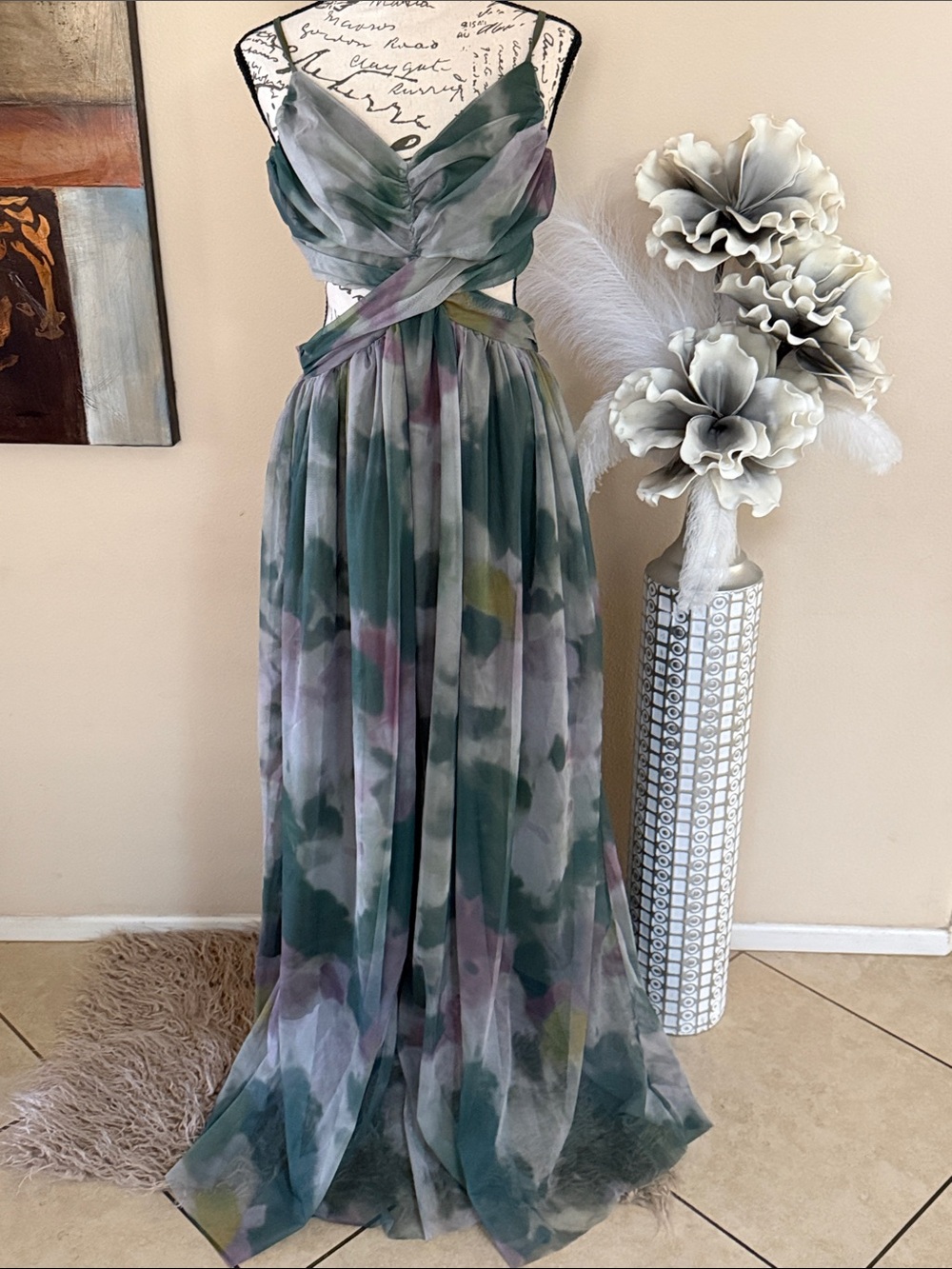 Source Unknown Green and Lavender Watercolor Maxi Dress